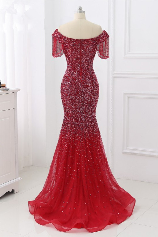 BMbridal Luxury Off-the-Shoulder Sequins Burgundy Mermaid Prom Dresses with Tassels