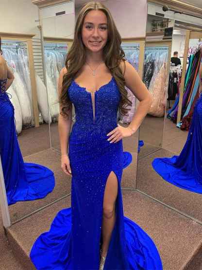 Red Mermaid Spaghetti Straps Beaded Applique Long Prom Dress with Slit