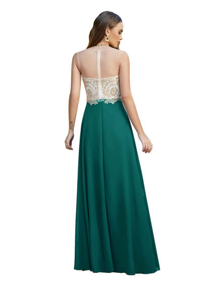 A-line Scoop Chiffon Appliques Floor-Length Dresses Dark Navy-BMbridal