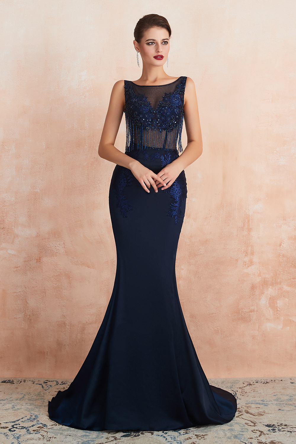 BMbridal Gorgeous Navy Mermaid Prom Dress With Appliques Tassels Online
