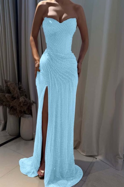Strapless Sleeveless Mermaid Long Prom Dress With Split Pleated