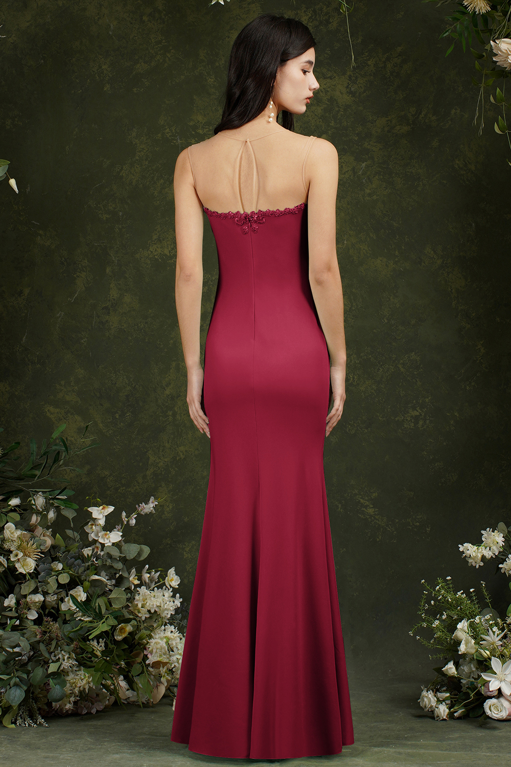 Bmbridal Burgundy Illussion Neck Mermaid Prom Dress Long With Appliques