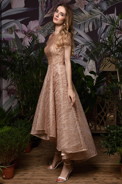 BMbridal Glamorous Rose Gold Sequins Prom Dress Short Sleeve Evening Gowns Online