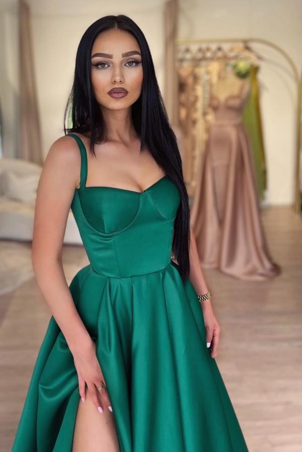 Bmbridal Emerald A-Line Split Front Spaghetti Straps Stain Prom Dresses with Ruffles