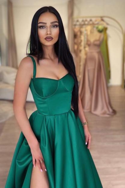 Bmbridal Emerald A-Line Split Front Spaghetti Straps Stain Prom Dresses with Ruffles