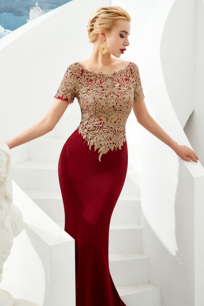 BMbridal Burgundy Short Sleeves Mermaid Prom Dress Long With Gold Appliques