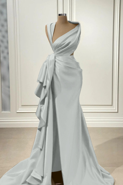 Elegant Red Charmeuse Sleeveless Long Prom Dress With High Slit
