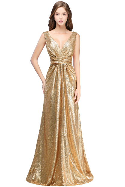 BMbridal Elegant A-line Open Back Sequins Sleeveless V-neck Evening Dress