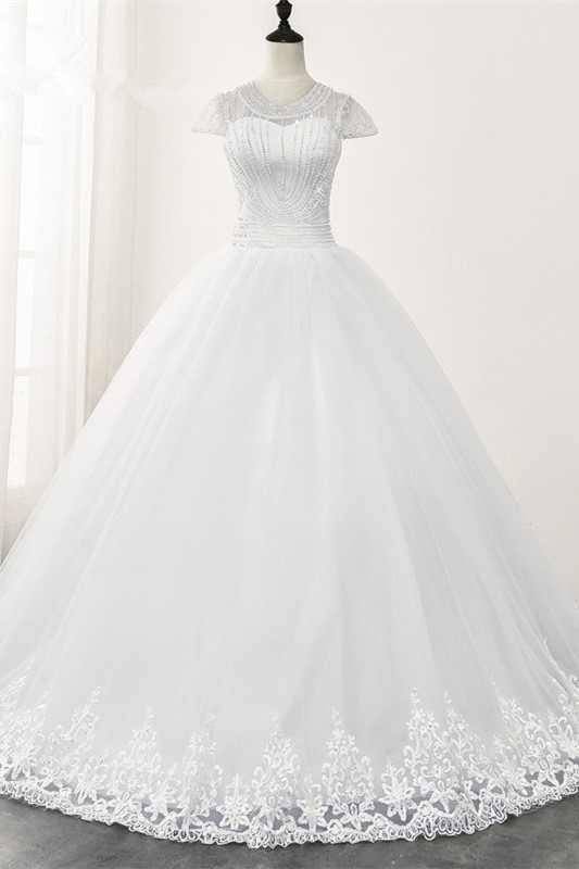 BMbridal Chic Ball Gown Jewel White Tulle Lace Wedding Dress Short Sleeves Rhinestones Bridal Gowns Online-BMbridal