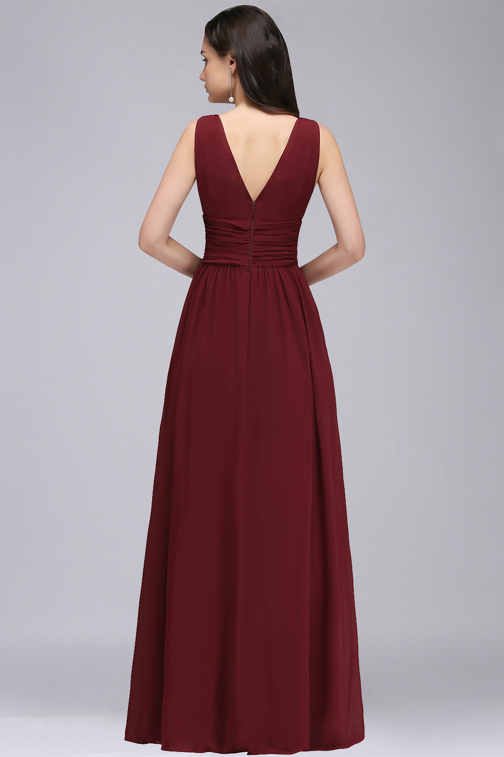 BMbridal Affordable Chiffon V-Neck Burgundy Bridesmaid Dress with Ruffle In Stock