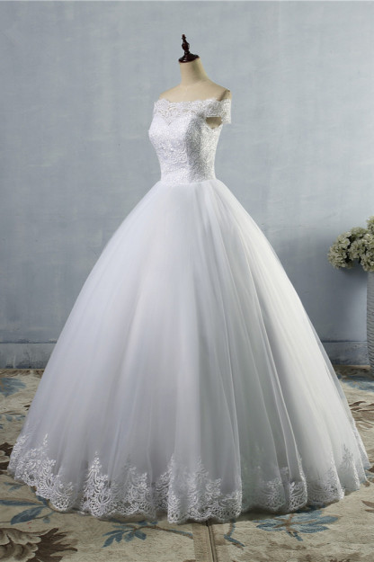 BMbridal Affordable Off-the-Shoulder Lace Tulle Wedding Dress Short Sleeves White Bridal Gowns On Sale-BMbridal
