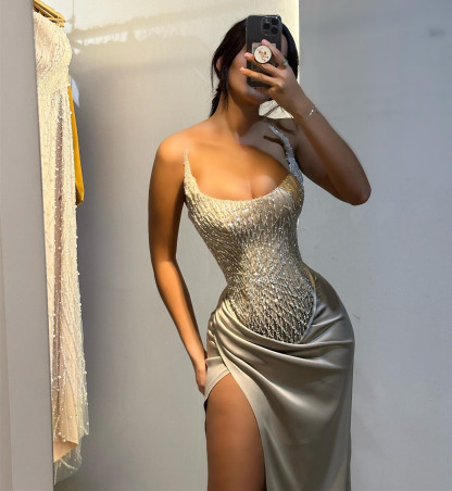 Gorgeous Strapless Sequins Prom Dress High Split Long