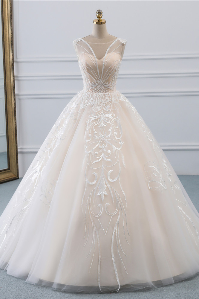 BMbridal Glamorous Sleeveless Jewel Pink Wedding Dresses Tulle Ruffles Bridal Gowns With Appliques Online-BMbridal