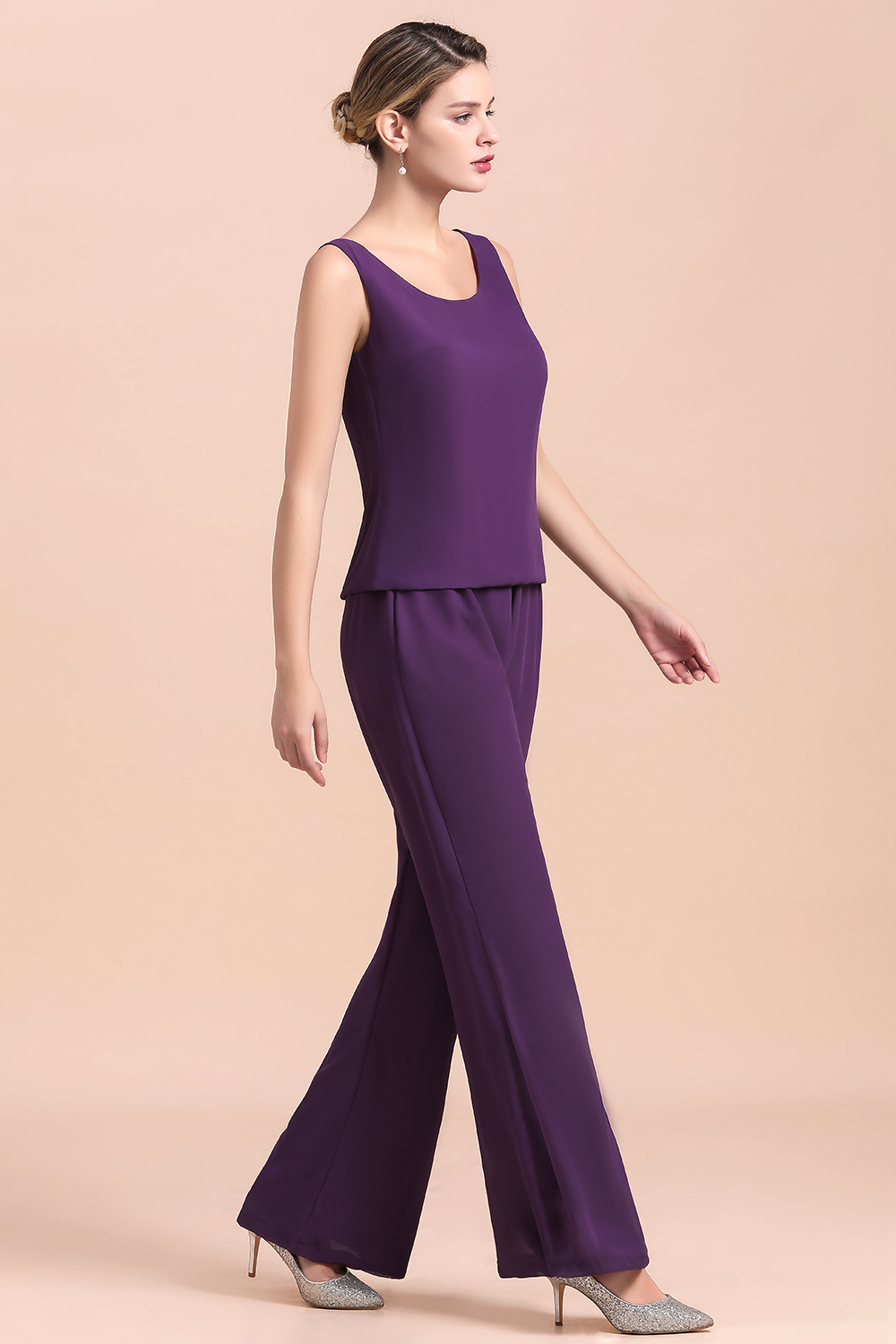 BMbridal Affordable Straps Beading Grape Chiffon Mother of Bride Jumpsuit Online with Wrap-BMbridal