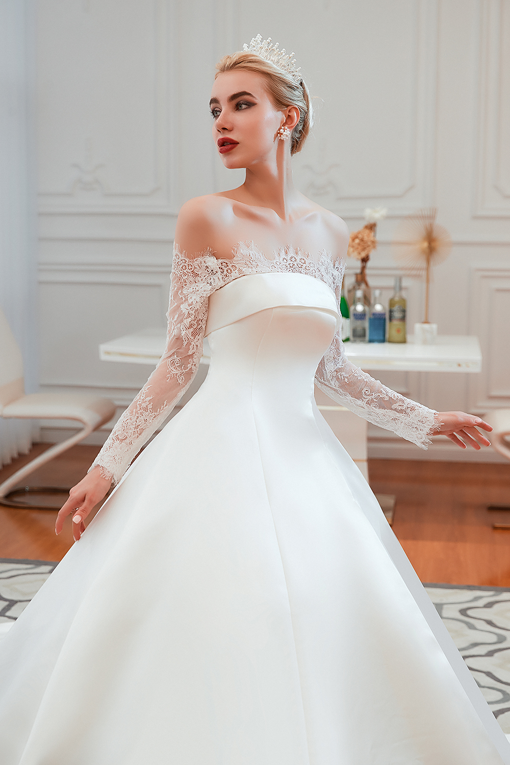 BMbridal Long Sleeve Off-the-Shoulder Satin Wedding Dress With Lace