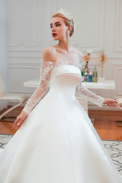 BMbridal Long Sleeve Off-the-Shoulder Satin Wedding Dress With Lace