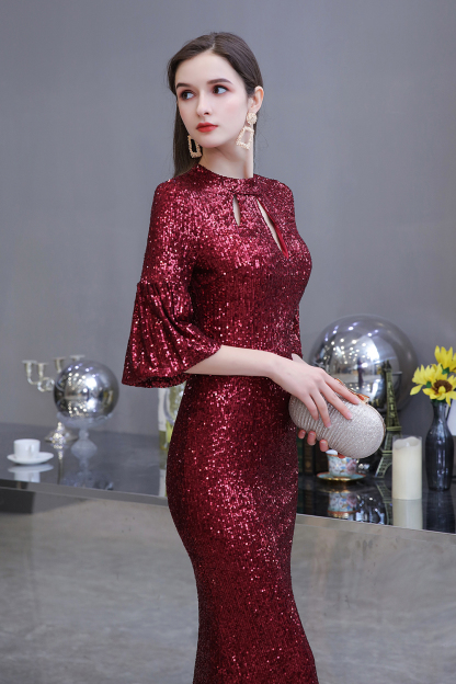 BMbridal Burgundy Half Sleeve Sequins Prom Dress Long Party Gowns Online
