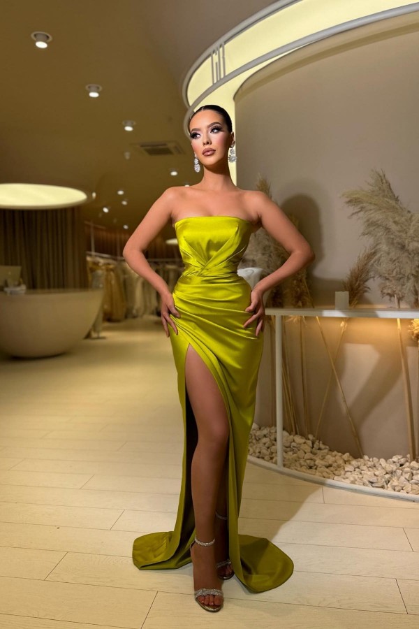 Bmbridal Yellow Green Strapless Prom Dress Mermaid Long With Split
