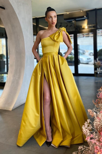 Bmbridal Yellow One Shoulder Sleeveless A-Line Long With Slit