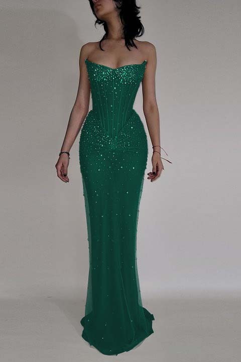 Strapless Sleeveless Mermaid Long Prom Dress With Beading Tulle