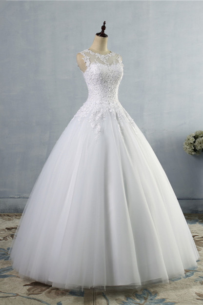 BMbridal Ball Gown Jewel Tulle Lace Wedding Dress White Appliques Sleeveless Bridal Gowns On Sale