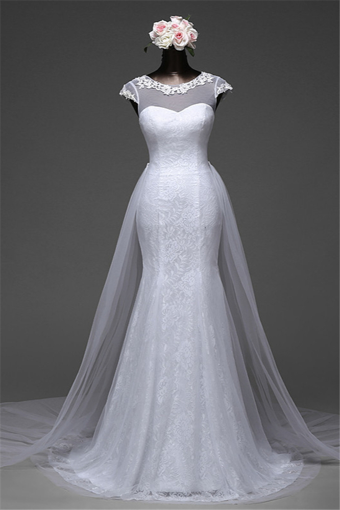 BMbridal Glamorous Lace Jewel White Mermaid Wedding Dresses with Beadings Online