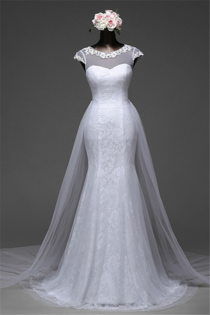 BMbridal Glamorous Lace Jewel White Mermaid Wedding Dresses with Beadings Online