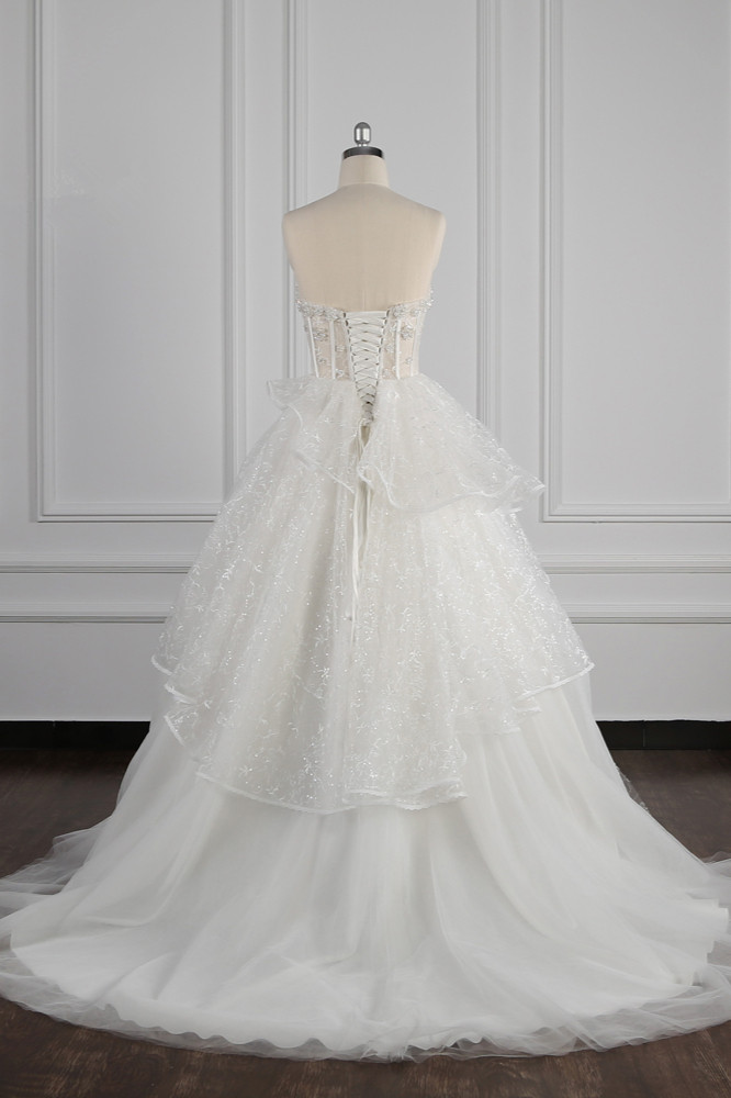 BMbridal Glamorous Ball Gown Strapless Beadings Wedding Dress Sequined Layers Tulle Bridal Gowns On Sale-BMbridal