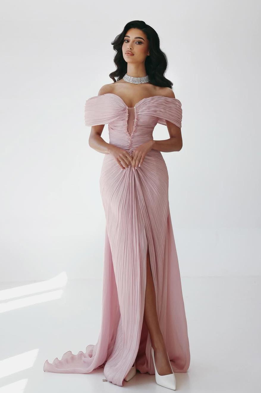 Off the Shoulder Sleeveless Long Mermaid Prom Dress With Ruffles Pleated