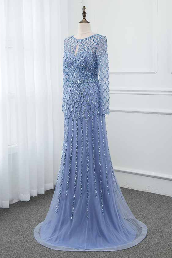 BMbridal Elegant Tulle Jewel Rhinestones Prom Dresses with Long Sleeves