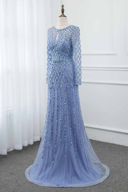 BMbridal Elegant Tulle Jewel Rhinestones Prom Dresses with Long Sleeves