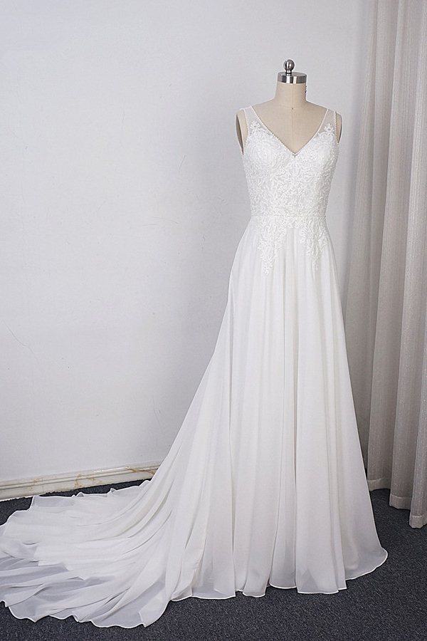 BMbridal Elegant Straps V-neck Chiffon White Wedding Dress Sleeveless Lace Appliques Ruffle Bridal Gowns On Sale-BMbridal