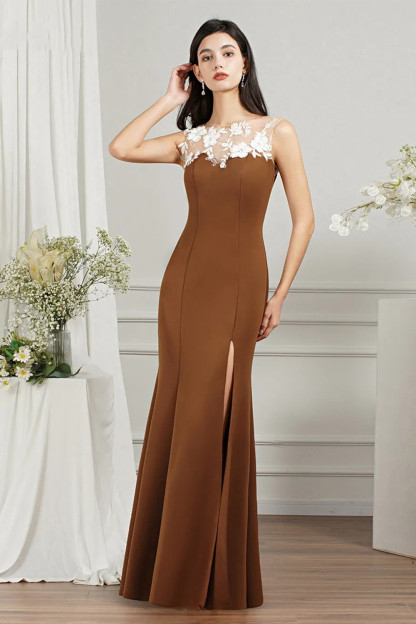Bmbridal Brown Mermaid Prom Dress Slit Long With Appliques