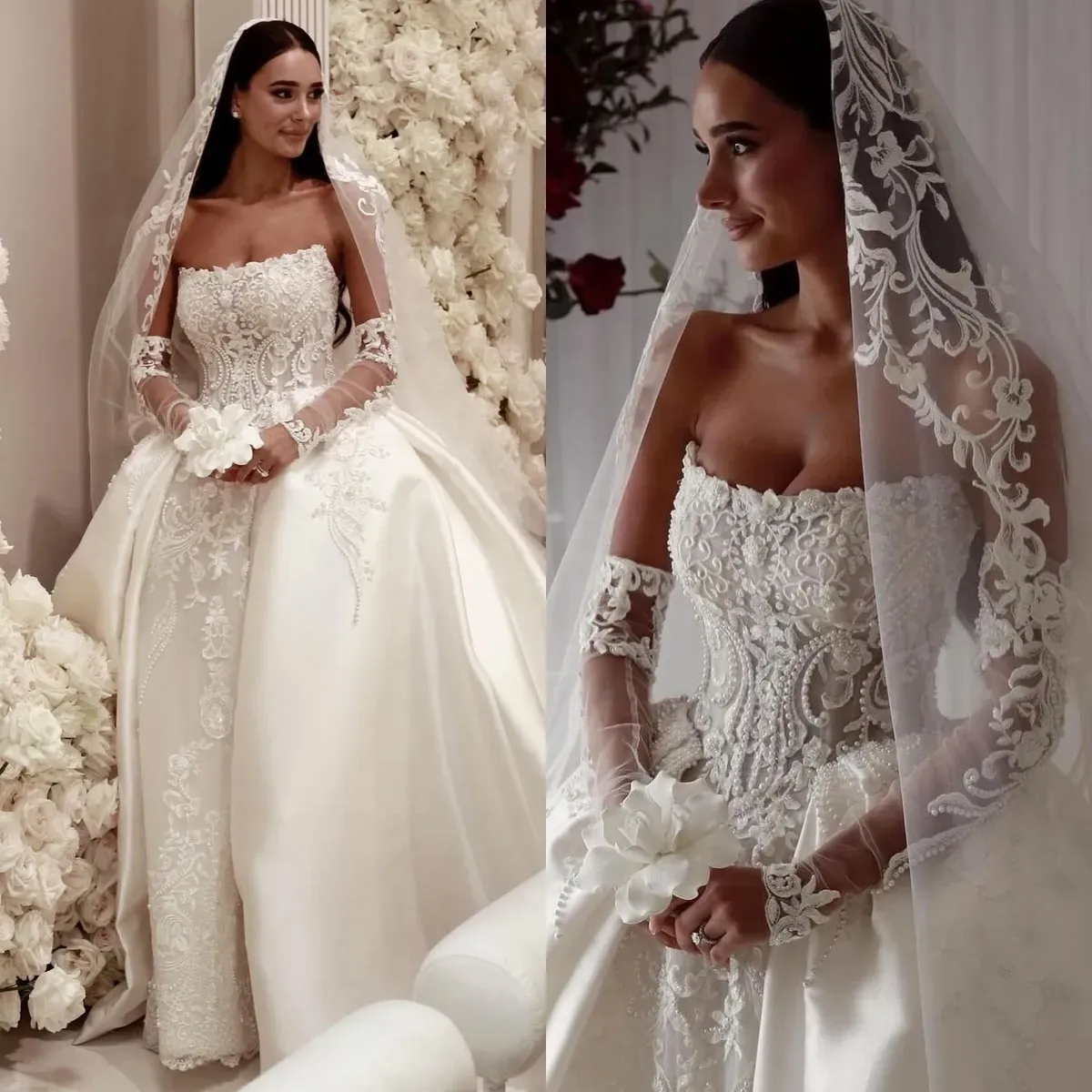 Arabic Lace Saudi Ball Gown Wedding Dress For Bride Strapless Pearls Satin Wedding Dresses Ruffle Dubai R Bridal Gowns Plus Size