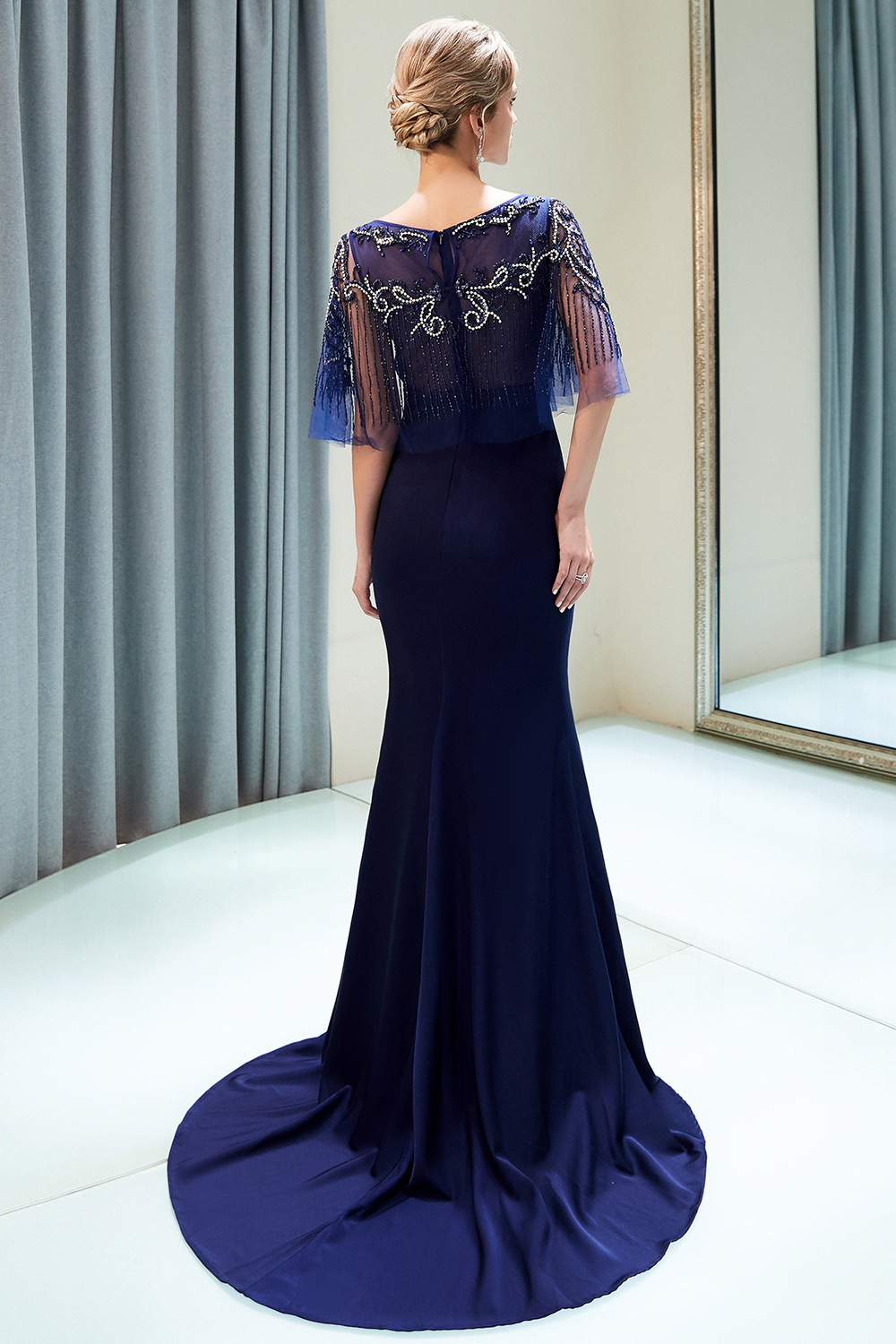 BMbridal Gorgeous Mermaid Jewel Long Prom Dresses Navy Beading Formal Dresses with Crystals