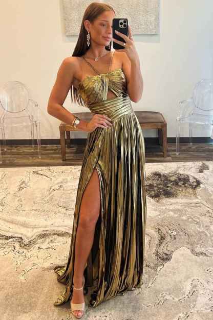 Sparkly Golden A Line Halter Neck Long Prom Dress with Keyhole Slit