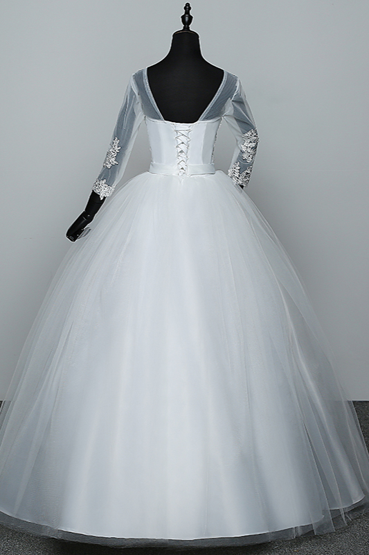 BMbridal Gorgeous Jewel Tulle Lace White Wedding Dresses 3/4 Sleeves Appliques Bridal Gowns On Sale