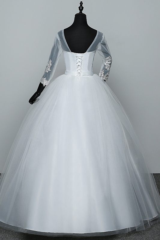 BMbridal Gorgeous Jewel Tulle Lace White Wedding Dresses 3/4 Sleeves Appliques Bridal Gowns On Sale
