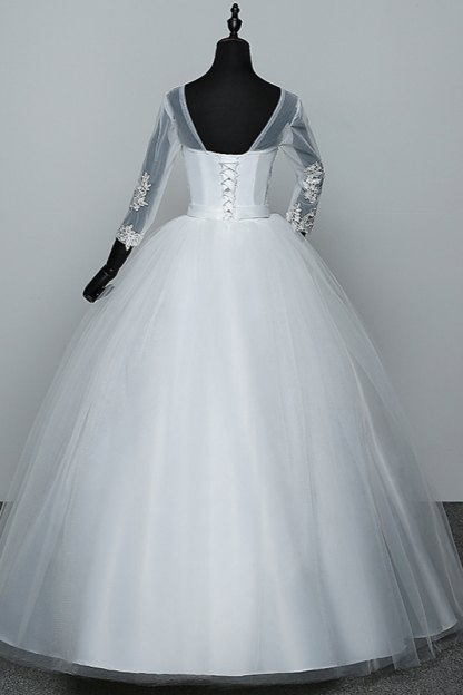 BMbridal Gorgeous Jewel Tulle Lace White Wedding Dresses 3/4 Sleeves Appliques Bridal Gowns On Sale