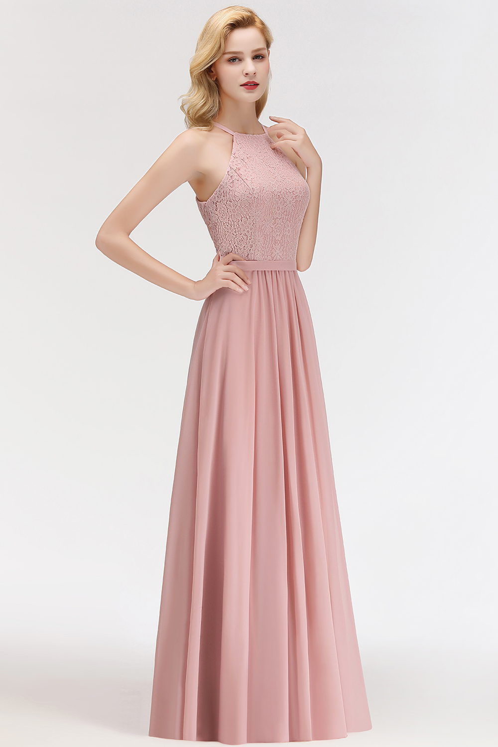musk pink bridesmaid dresses Zapakasa Women Dusty Sage Halter Neck Lace and Chiffon A-line Floor Length Bridesmaid  Dress main image 1