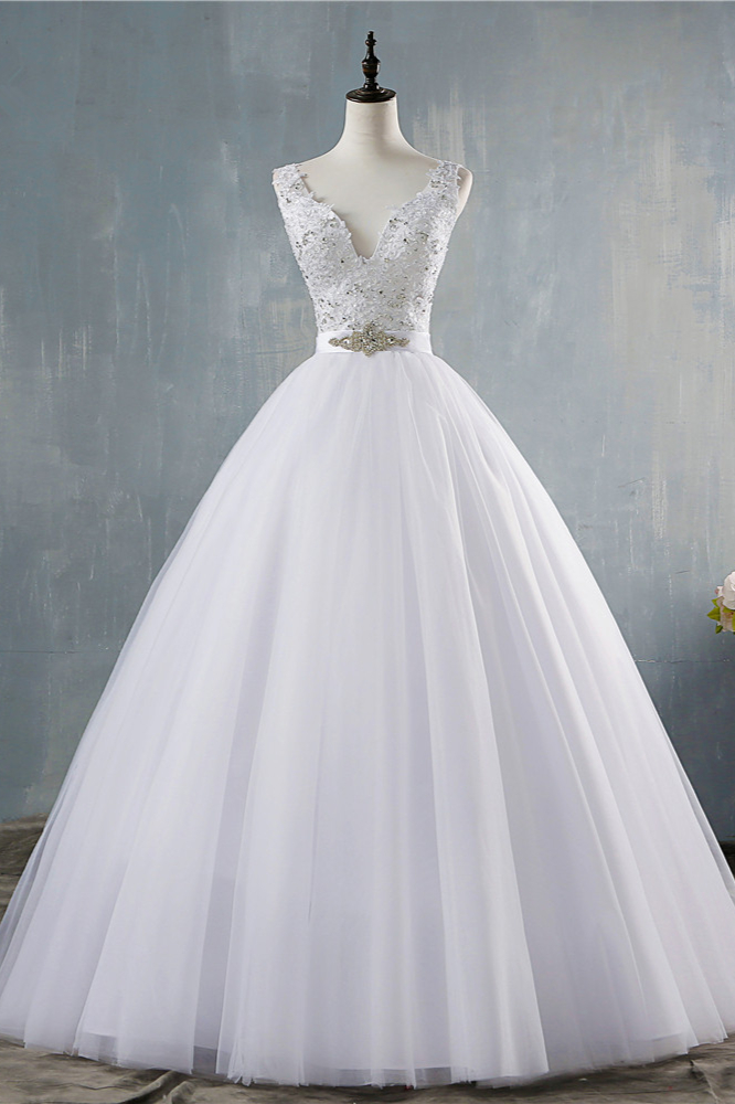 BMbridal Chic Starps V-Neck Beadings Tulle Wedding Dress Sleeveless Appliques Bridal Gowns with Rhinestones-BMbridal