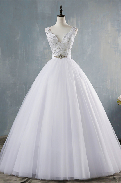 BMbridal Chic Starps V-Neck Beadings Tulle Wedding Dress Sleeveless Appliques Bridal Gowns with Rhinestones-BMbridal