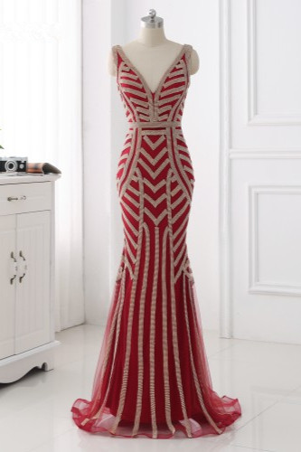 BMbridal Elegant Gold Tulle V-Neck Sleeveless Prom Dresses with Beadings On Sale