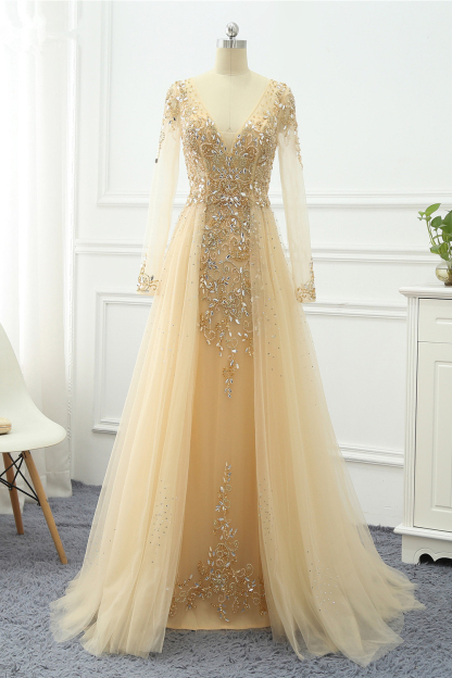 BMbridal Elegant V-Neck Long Sleeves Appliques Beadings Prom Dresses with Overskirt