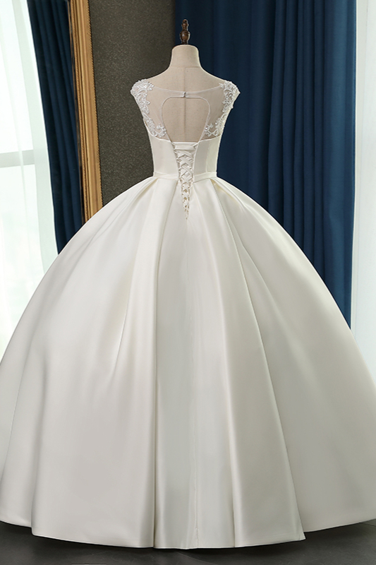 BMbridal Chic Satin Ball Gown Jewel Wedding Dress Sleeveless Appliques Ruffles Bridal Gowns On Sale