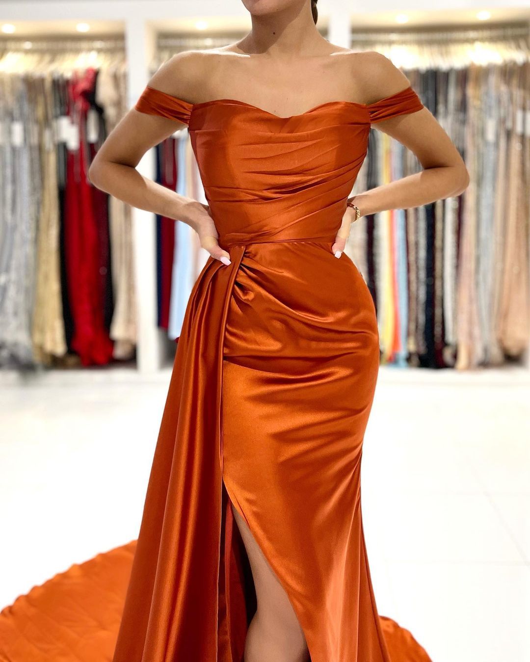 Bmbridal Burnt Orange Mermaid Prom Dress Off-the-Shoulder Slit Party Gowns