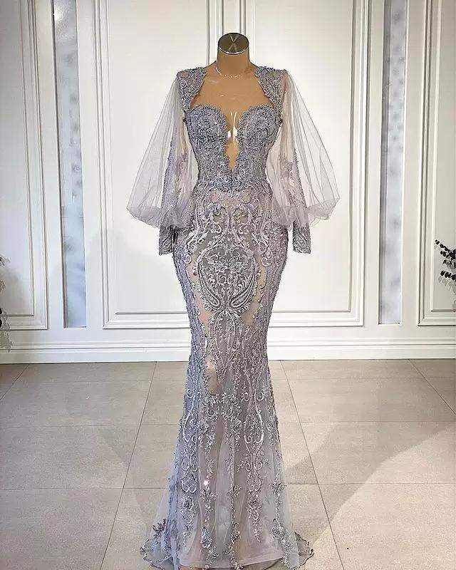 BMbirdal Silver Long Sleeves Mermaid Evening Dress With Appliques