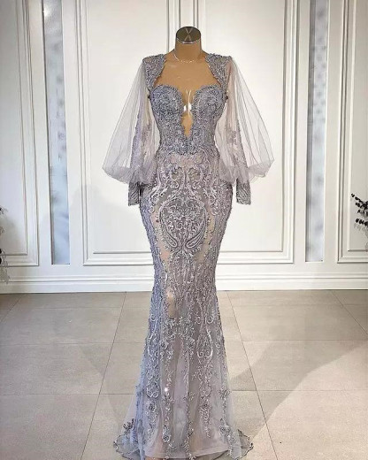 BMbirdal Silver Long Sleeves Mermaid Evening Dress With Appliques