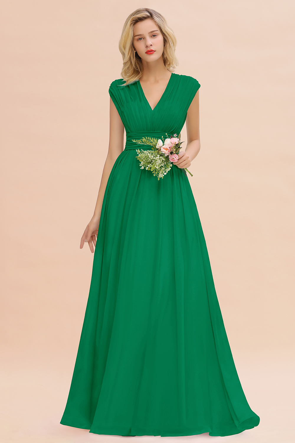 BMbridal Elegant Chiffon V-Neck Ruffle Long Bridesmaid Dresses Affordable-BMbridal