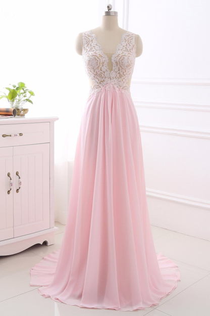 BMbridal Elegant A-Line V-Neck Pink Chiffon Prom Dresses with Ruffles Online